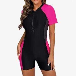 NWT Halcurt Women’s One-Piece Boyleg Rashguard Swimsuit UPF 50+ Padded Front Zip